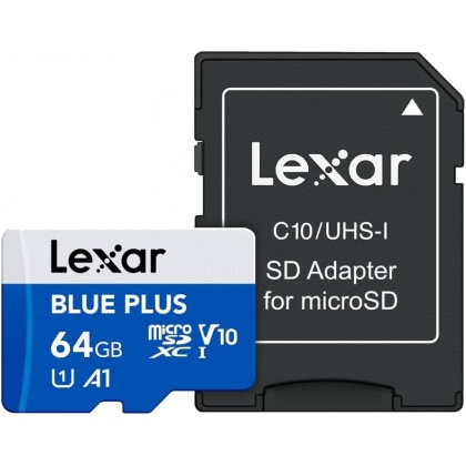 Lexar 64GB microSD Blue Plus R100 V10 with SD adapter