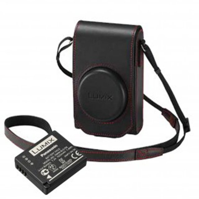 Panasonic Panasonic TZ100 black leather case with red stitching and battery